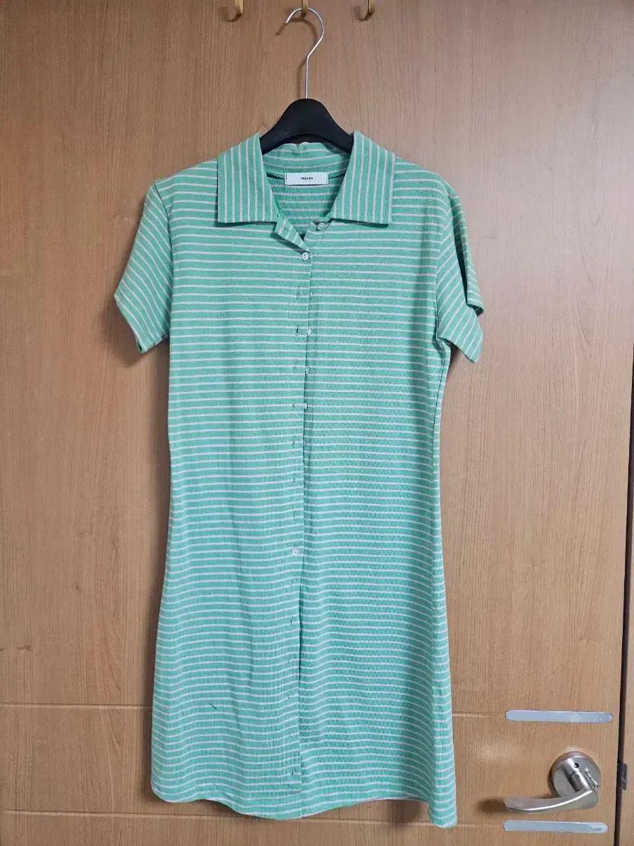 TREEAN 민트 스트라이프 반팔 롱 원피스