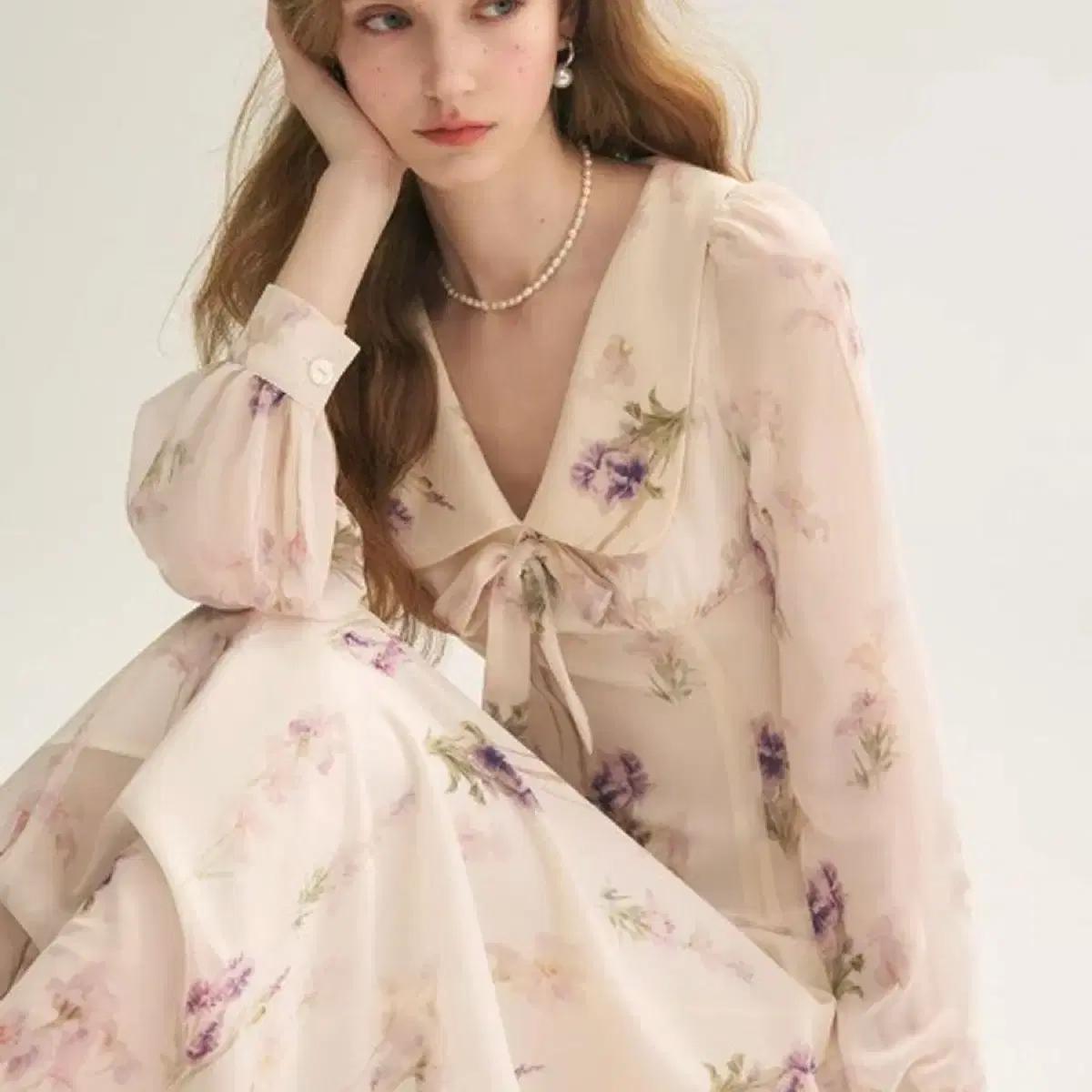 신스덴 와일드플라워 리본 카라 롱원피스 봄가을원피스 쉬폰원피스