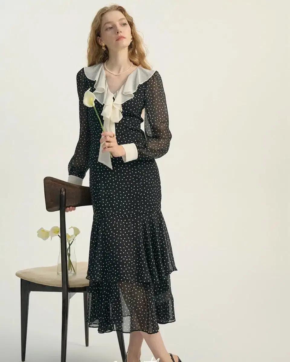 신스덴 도트 스카프 리본 롱 원피스 봄가을 블랙 쉬폰 원피스