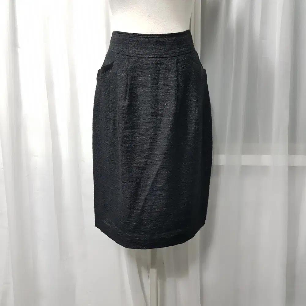 JPN 빈티지 반짝이 H라인 오피스룩 검정 미디 스커트 여24 A1476