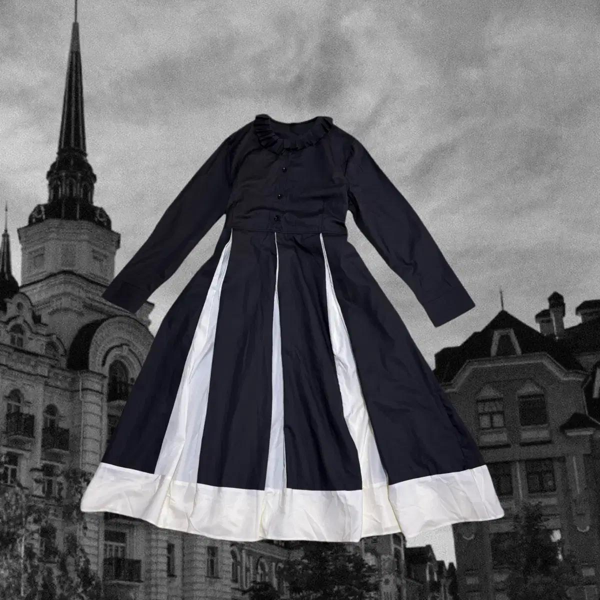 빈티지 블랙 앤 화이트 프릴 고스 롱 원피스