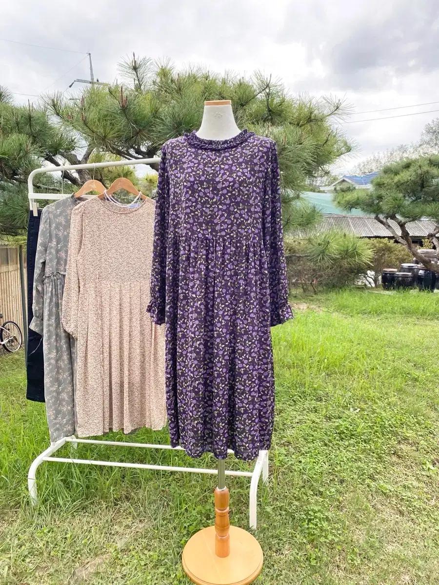 가슴단면50cm 꽃무늬꽃패턴 쉬폰 보라 보라색 바이올렛 롱 원피스