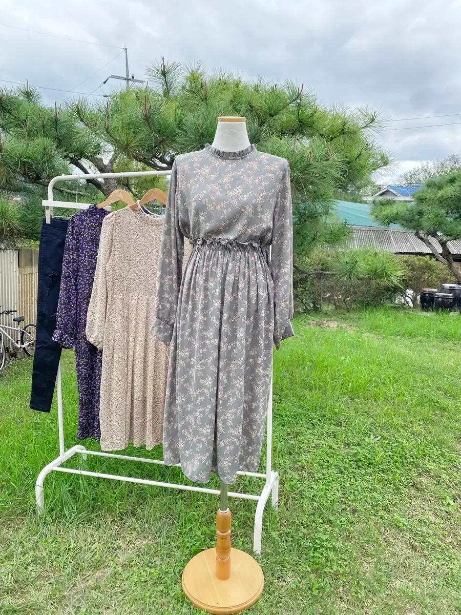 가슴단면51cm 잔꽃무늬 잔꽃패턴 긴팔 민트 꽃무늬 쉬폰 롱 원피스