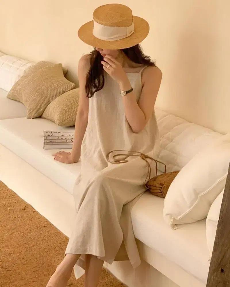 LONDON LACE 런던레이스 린넨 롱 여름 민소매 뷔스티에 끈 원피스