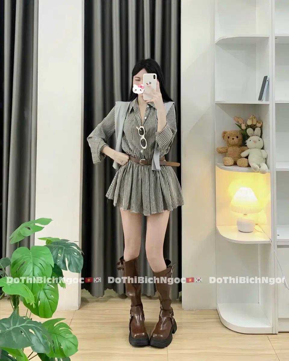 체크 패턴 미니 원피스 + 조끼 세트
