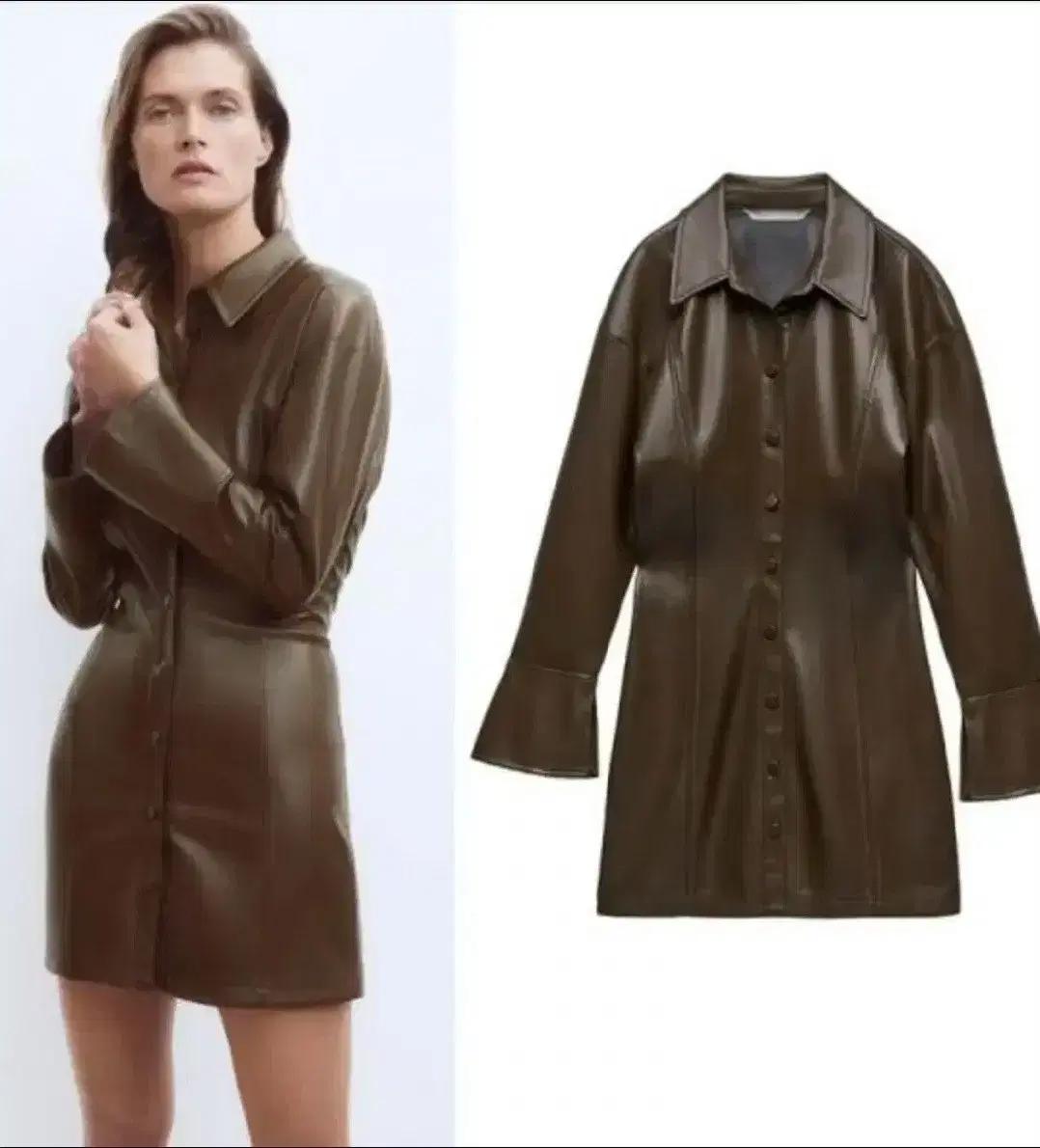 자라 ZARA 에코레더 셔츠형 미니 원피스 S사이즈