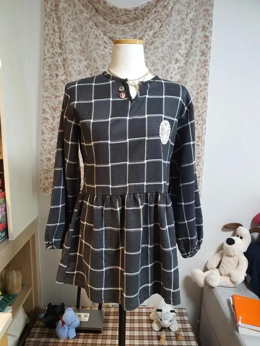 [빈티지] 체크 롱 원피스 블랙 플레어