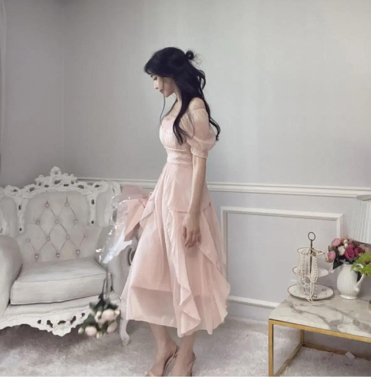 안젤라부티크 엘프 쉬폰 롱 원피스 반팔 오프숄더 퍼프 소매 봄 여름 가을