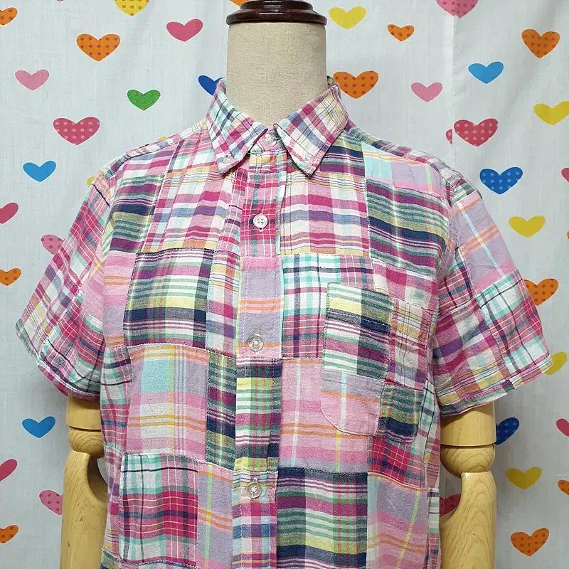 빔즈 핑크 퍼플 타탄체크 패턴 패치워크 카라 버튼 반팔 셔츠 남방 원피스