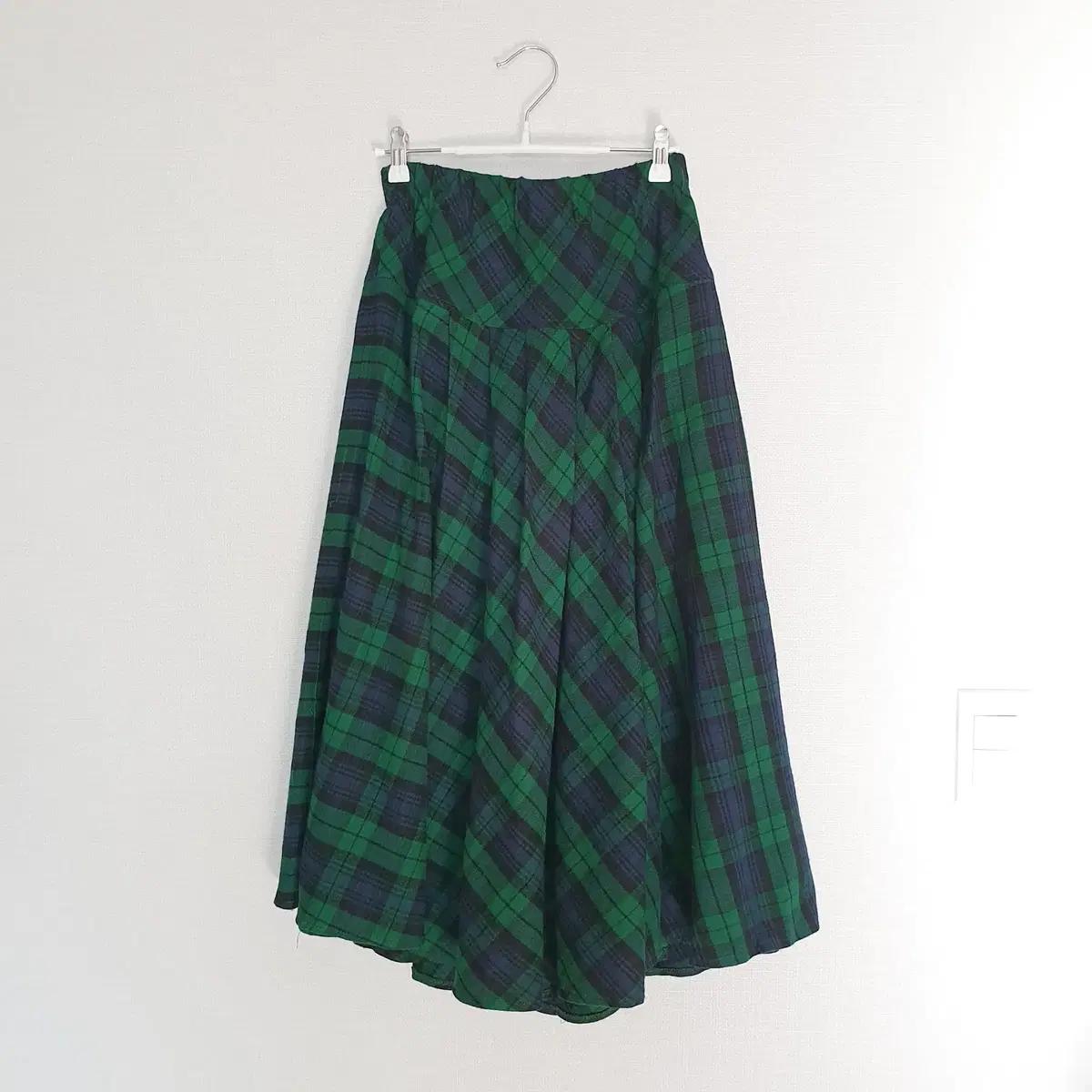 체크 플레어 롱스커트 (그린 초록 밴딩치마 주름치마)