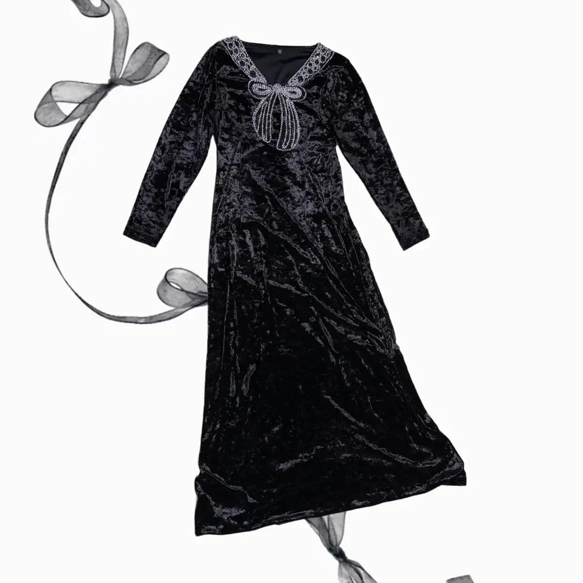 빈티지 고딕 리본 벨벳 블랙 롱 원피스