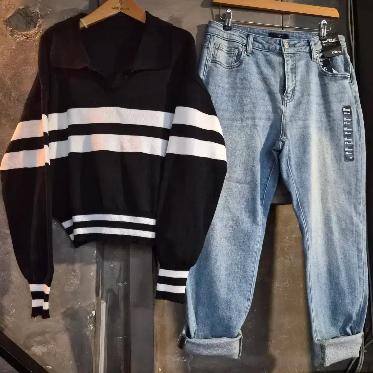 새것 허리29 탑텐청바지+카라니트티 세트 간절기 데일리룩