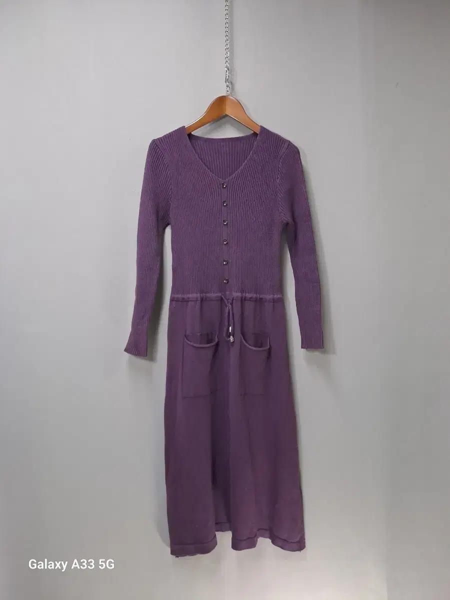 슬림핏 퍼플 니트 롱 원피스