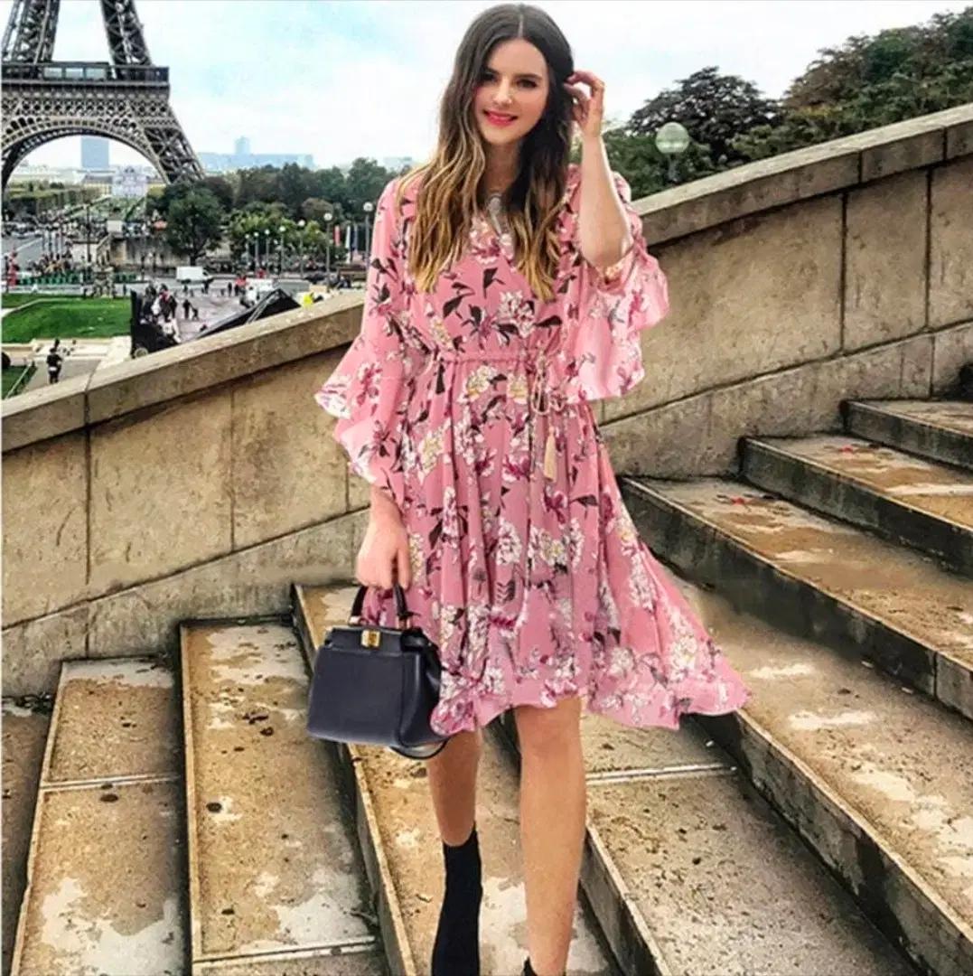 쉬폰 플라워 핑크 랩 미니 원피스 free