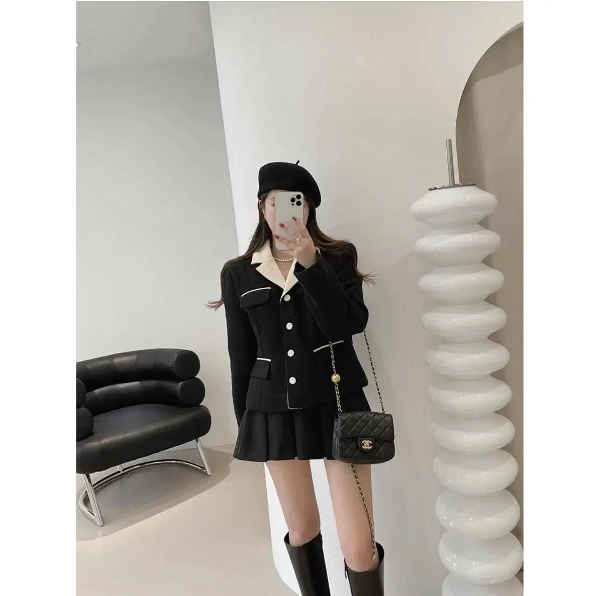 여성 벨벳 누빔 자켓+플리츠 미니 스커트 세트