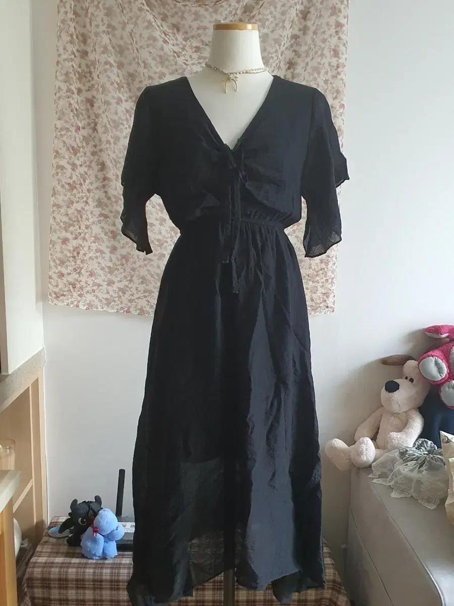 [빈티지] 휴양지룩 블랙 롱 원피스 브이넥 끈 장식