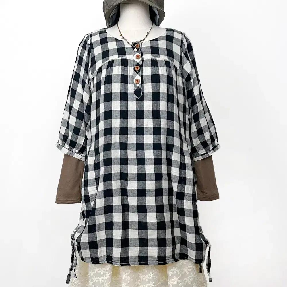 일본빈티지 우드버튼 체크벌룬소매 밑단셔링 원피스 롱티 블랙 모리걸하구미룩