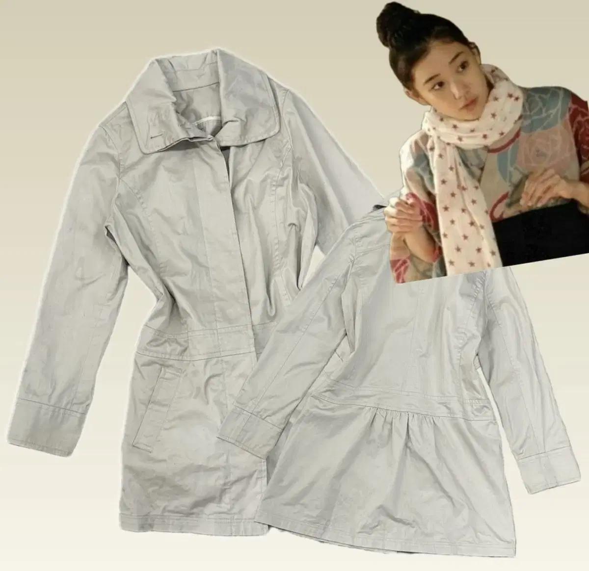 일본빈티지 Grove 베이지 여성 가을 뒷주름 포인트 미디 트랜치코트