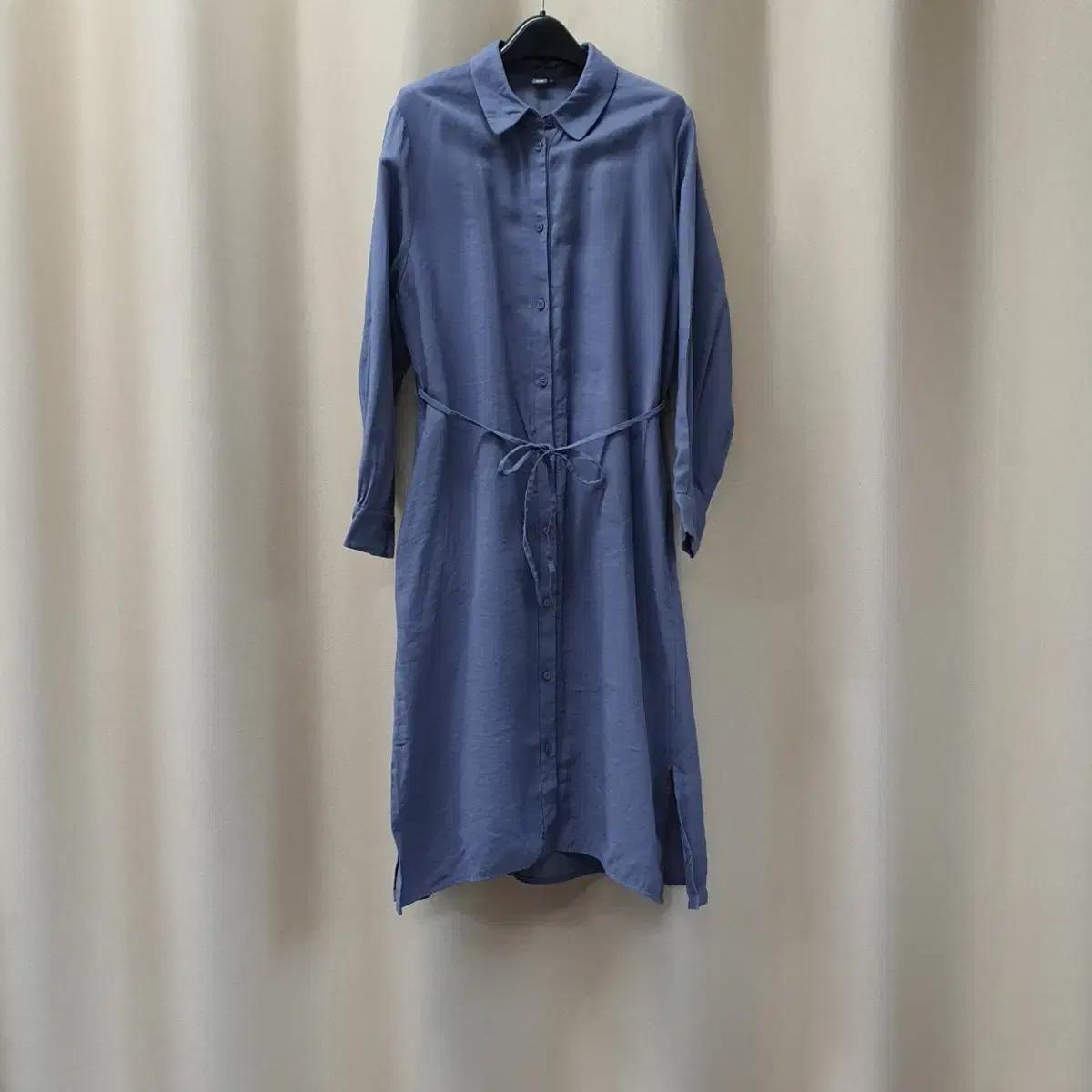 자주 긴소매 셔츠형 롱 원피스