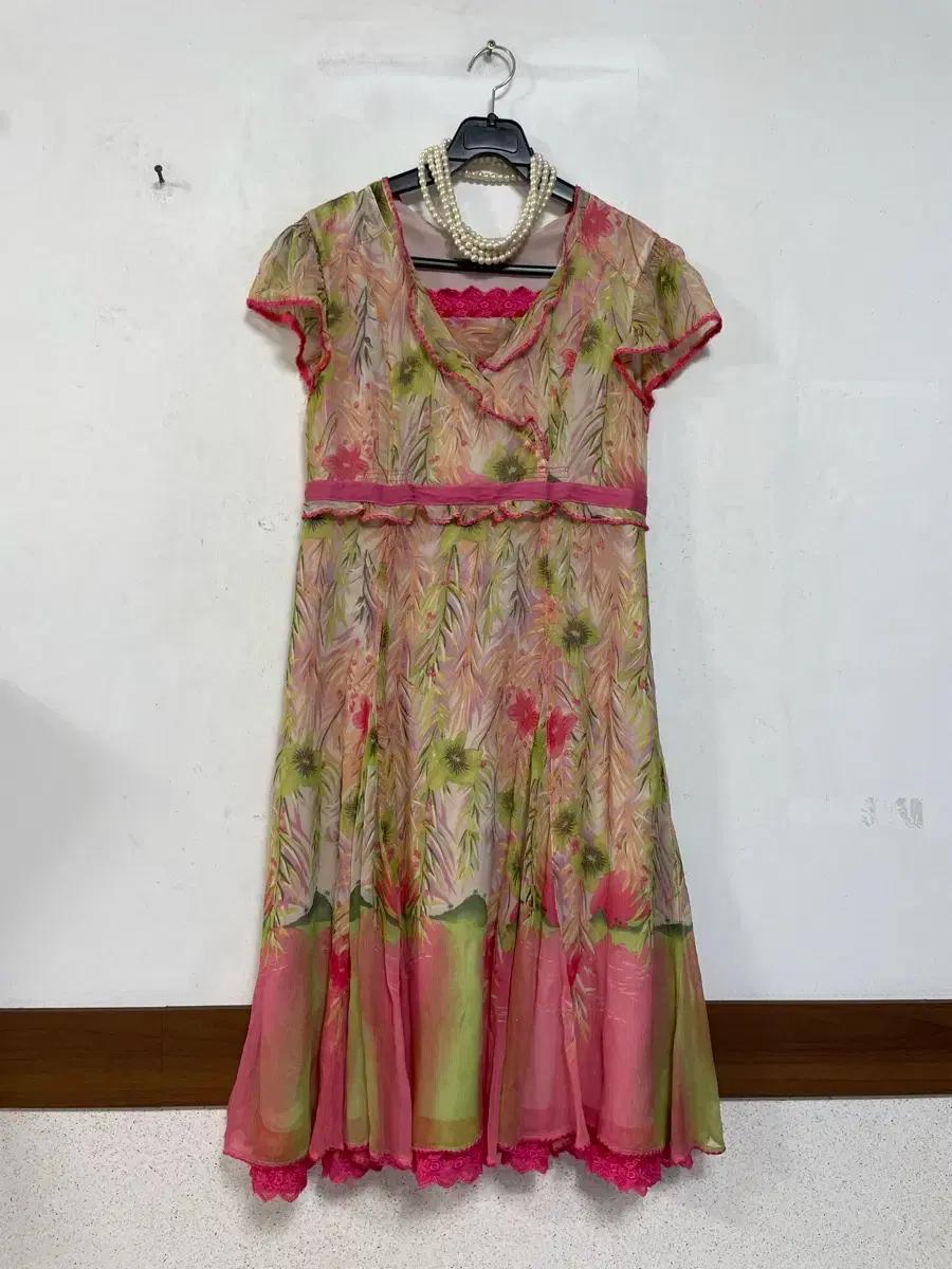 N5683 DECO 데코 실크 쉬폰 롱 원피스.레이스.꽃무늬.견100