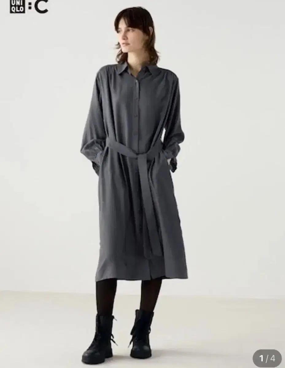유니클로 가을 롱셔츠원피스 카키색