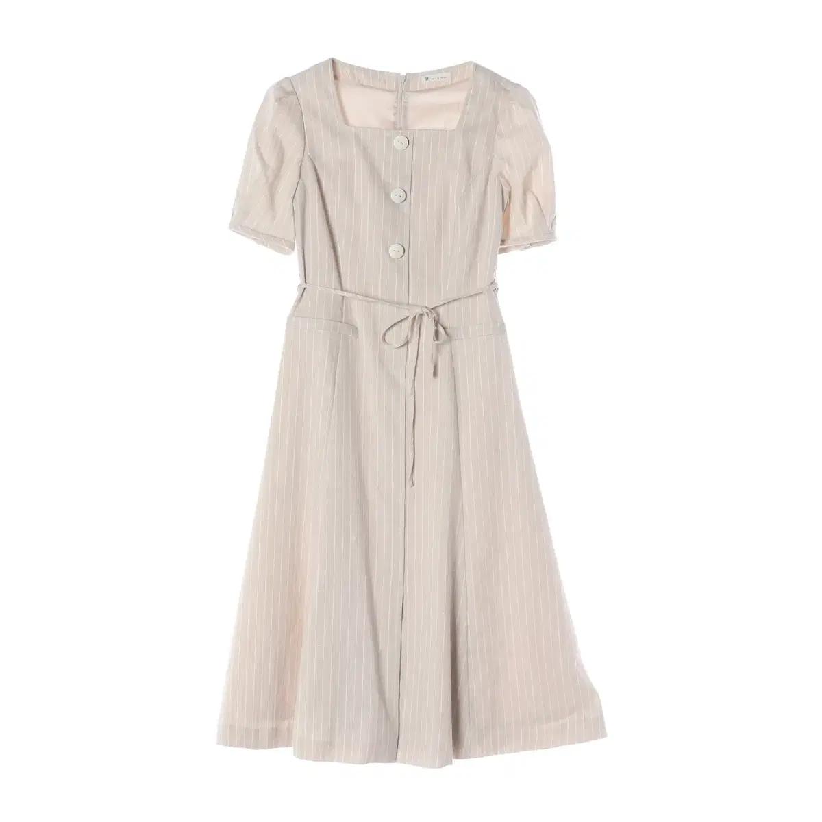 잇미샤 린넨 베이지 스트라이프 스퀘어넥 반팔 롱 플레어 원피스