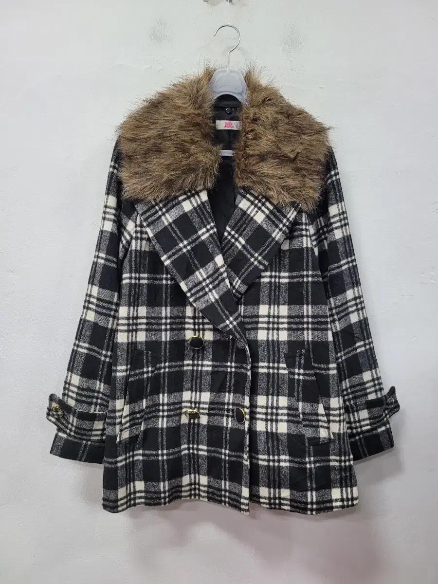 Bye Bye 체크무늬 퍼 카라 코트