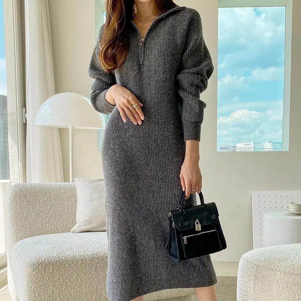 반집업 루즈핏 긴팔 니트 롱 원피스