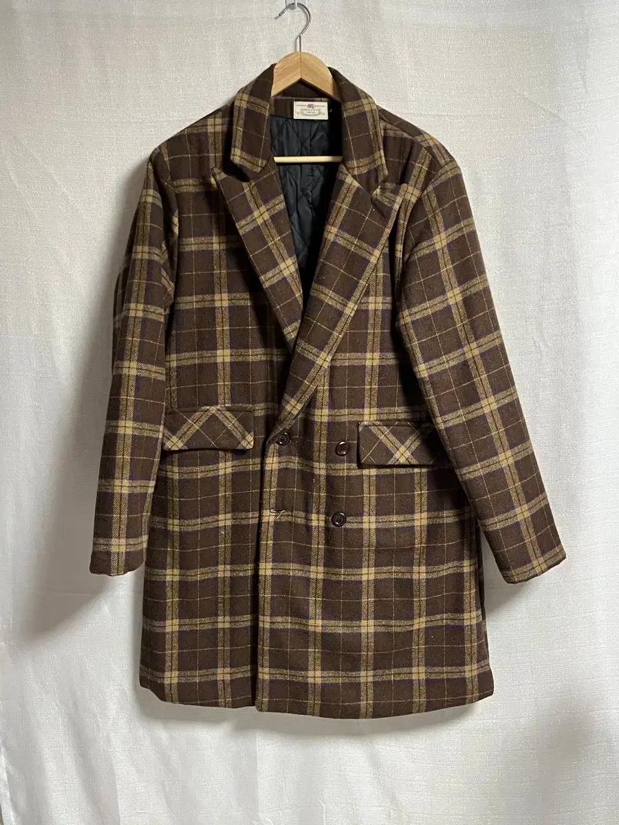 공용 세미오버핏 브라운 더블 체크 롱코트 L
