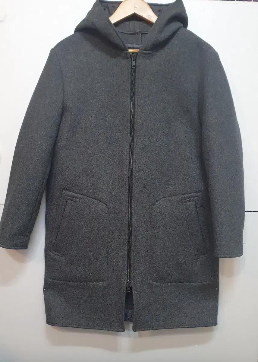 라코스테 울 혼방 후드 롱 코트 그레이95