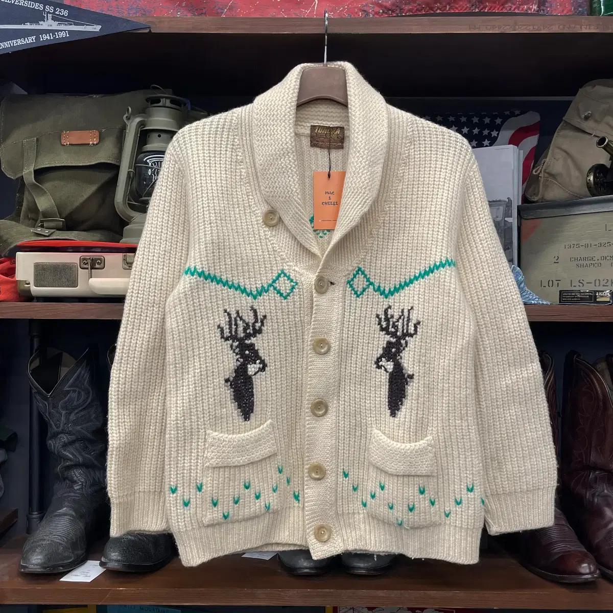 70s 툰드라 캐나다 버진 울 사슴 패턴 코위찬 니트 가디건