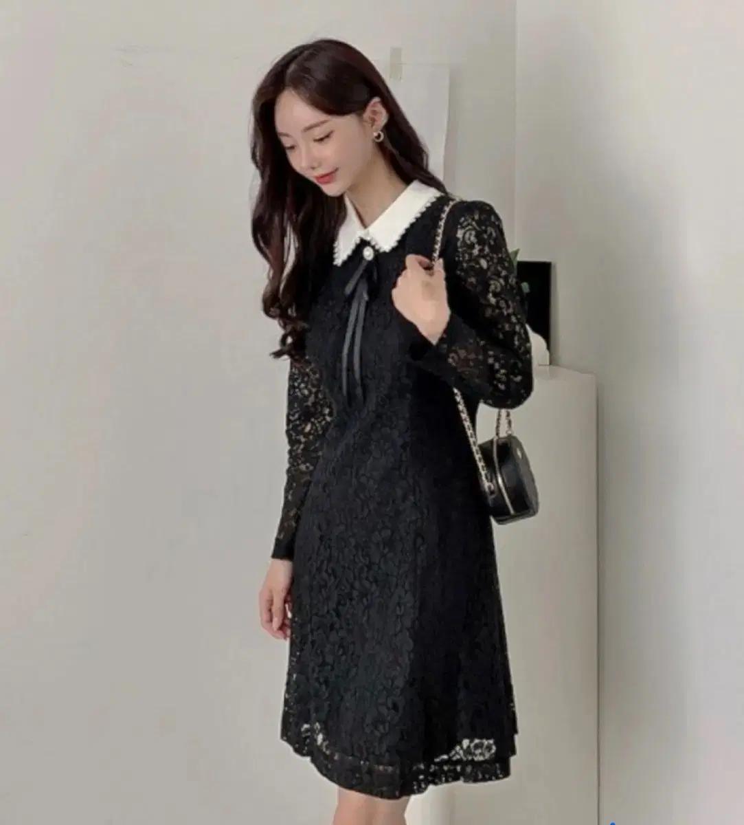 [고급 하객룩 원피스]여성 블랙 레이스 리본