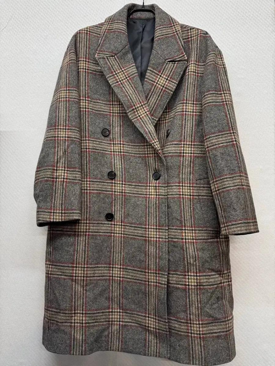 쿠어 오버핏 더블 롱 체크코트 M