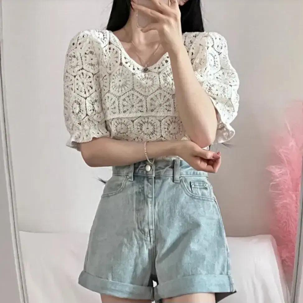 뜨개 퍼프 반팔 블라우스 화이트 / 여름 휴가 휴양지