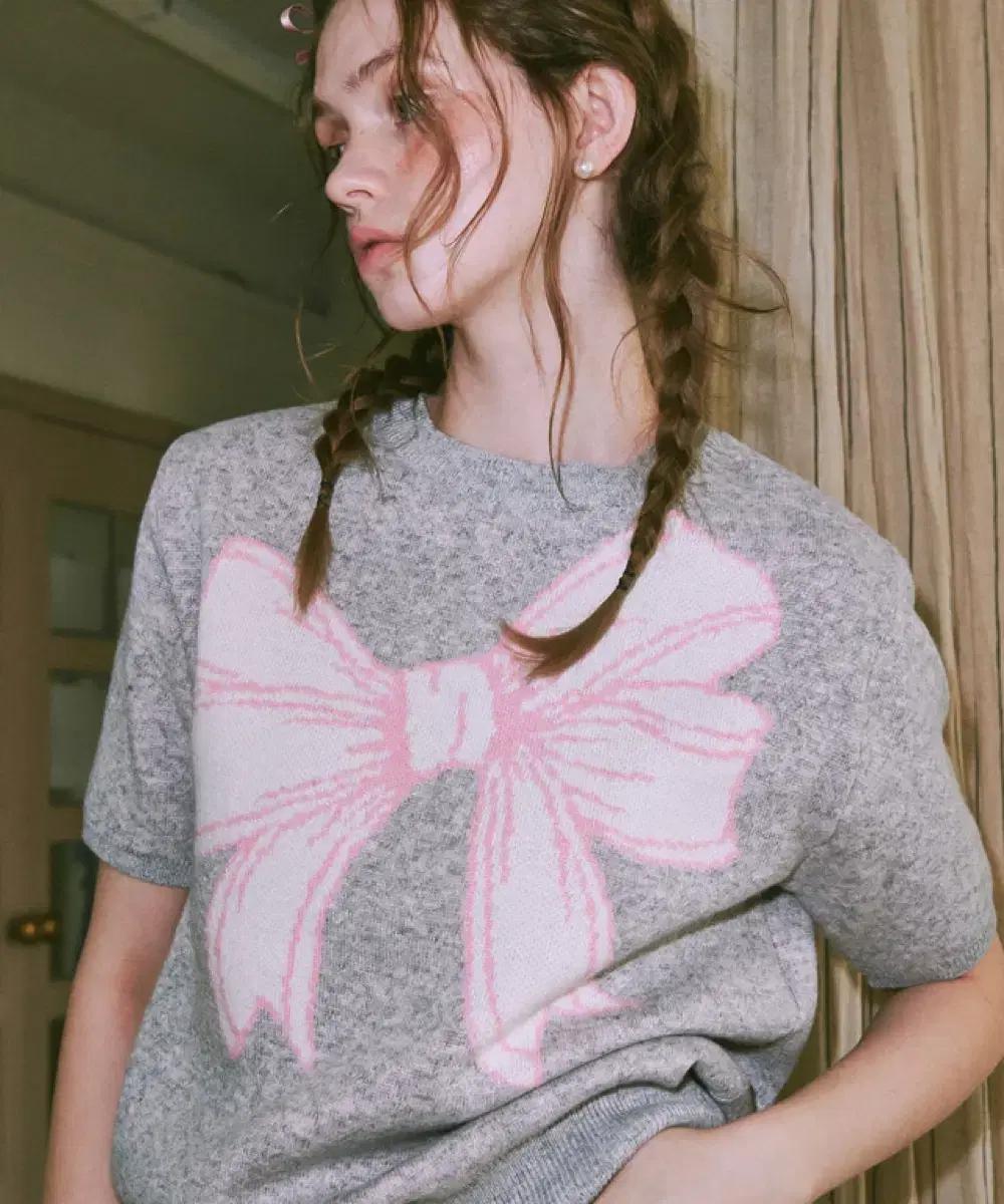 론론 라이트그레이 리본 반팔니트