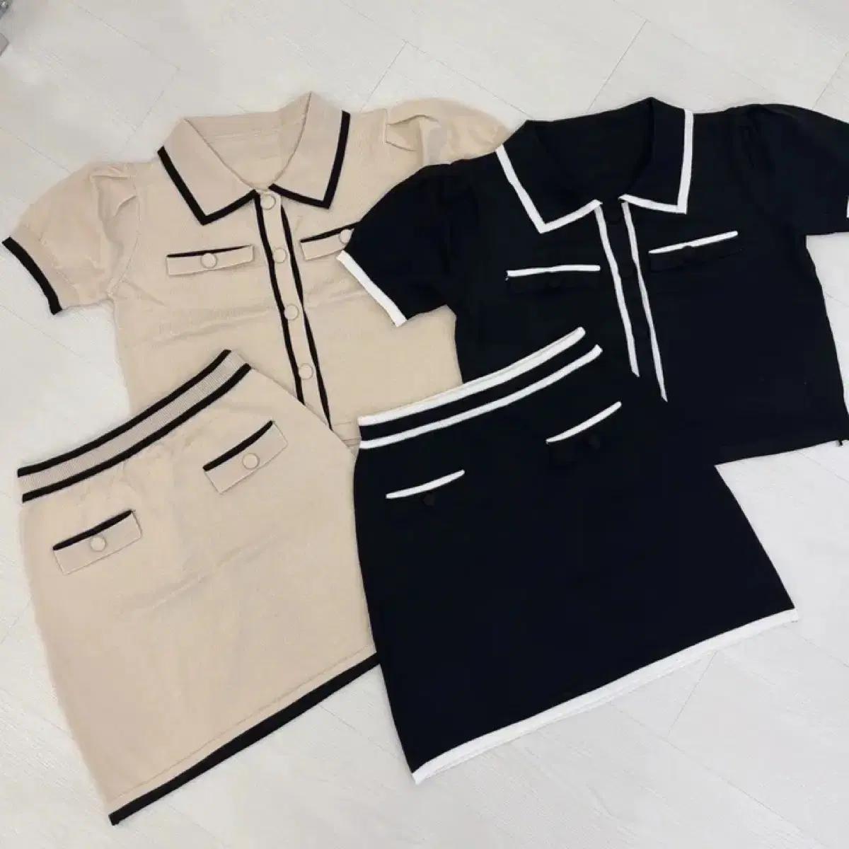 니트 투피스 세트 셋업 배색 반팔 가디건 스커트 자라 에이블리 h&m