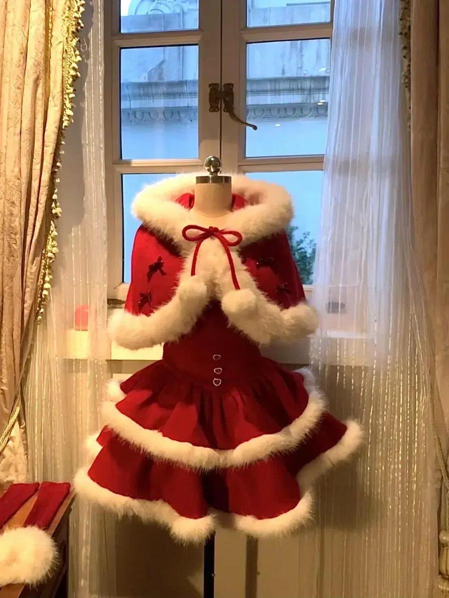 크리스마스 서곡 레드 원기 크리스마스 달콤 큐티 망토 원피스 세트
