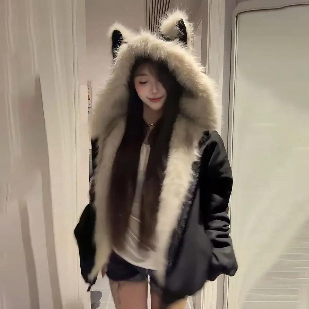 고양이 귀털 칼라 후드 패딩 여 겨울 신상 도톰한 보온 점퍼 패딩 코트