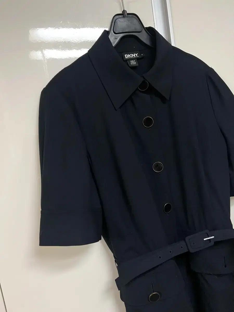 DKNY 포켓 반팔 벨트 셔츠 원피스 퍼프 네이비 울 봄여름 플리츠 정장