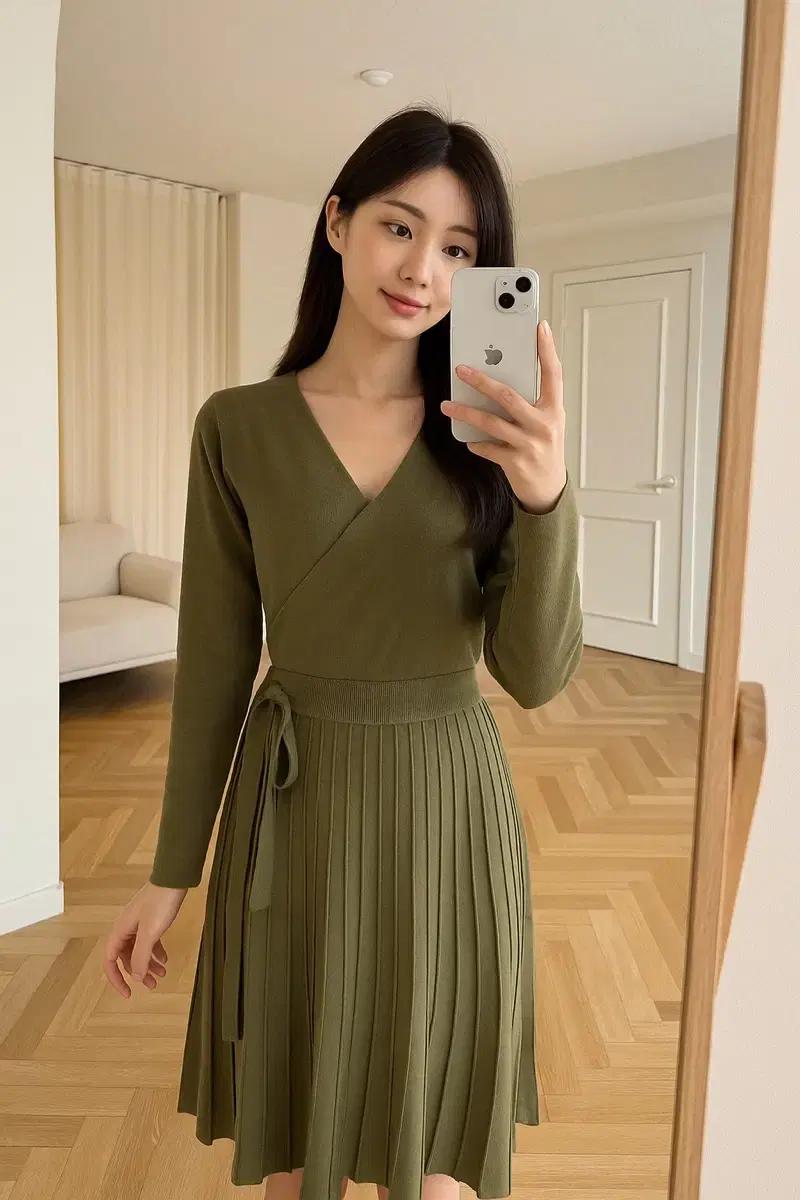 vtg 카키 랩 니트 플리츠 원피스