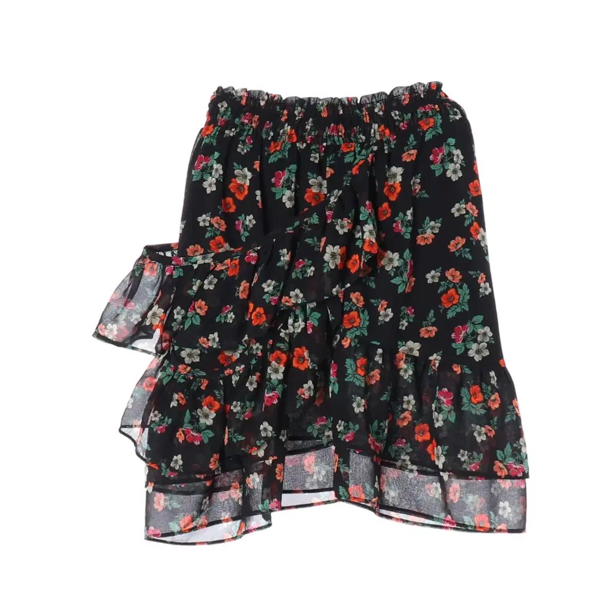 MAJE 마쥬 블랙 레드 플로럴 밴딩 쉬폰 스커트 치마