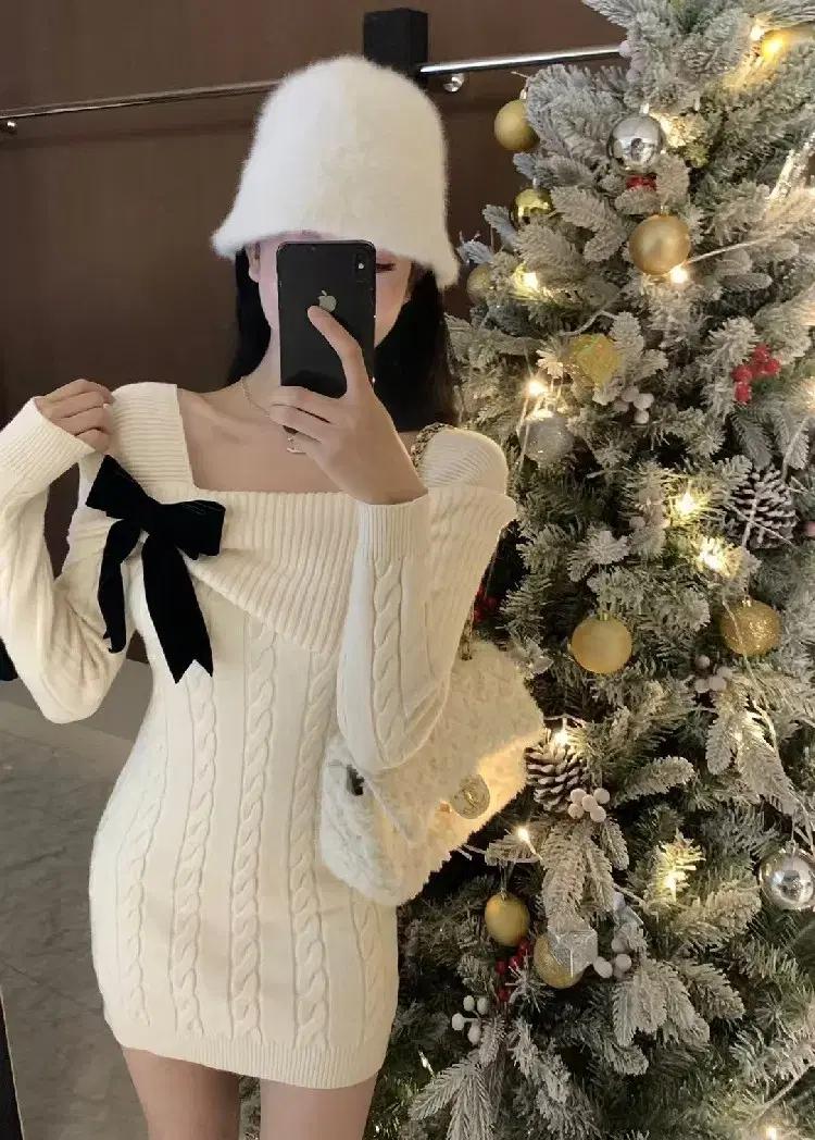 겨울 리본 꽈배기 니트 원피스 청순 데이트룩 오프숄더 크리스마스 DR-8