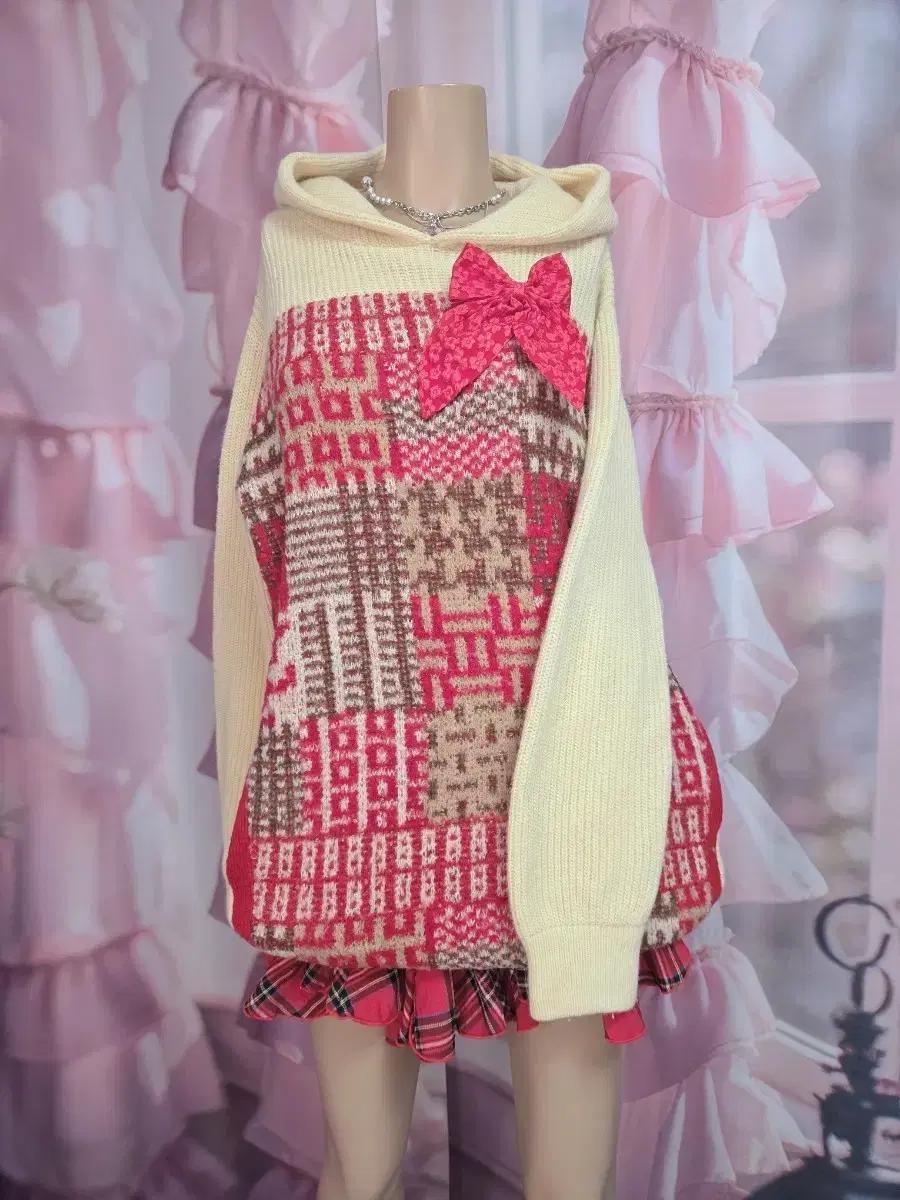 울70% 도톰 따뜻한 체크패턴 후드 니트 원피스