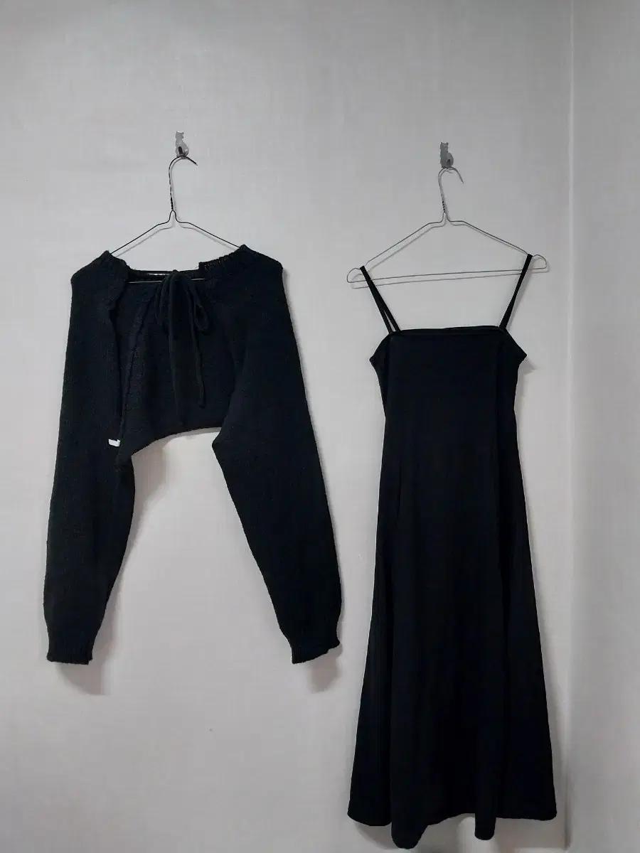 리본 볼레로 니트가디건+골지 뷔스티에 롱나시원피스 코디세트