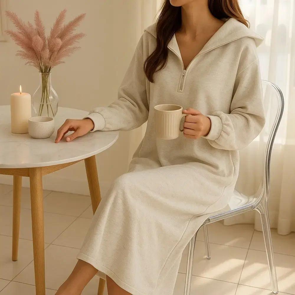 빅카라 반집업 롱 원피스, 봄가을 꾸안꾸 홈웨어 데일리룩