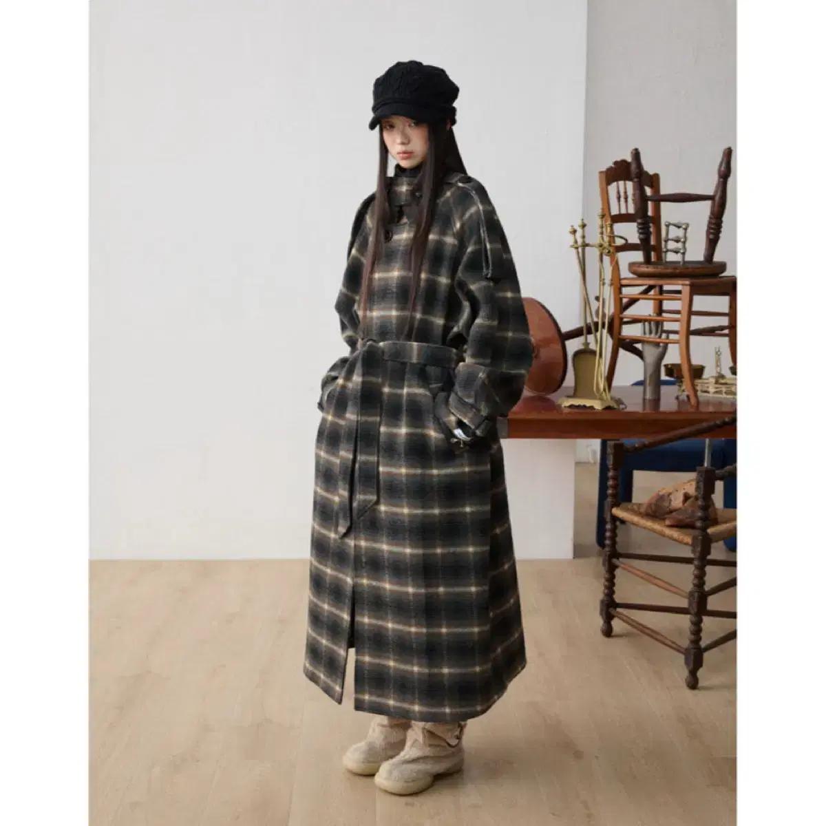 JIKOO 지쿠 자켓 양면 캐시미어 코트 스탠드 칼라 체크 울 롱코트