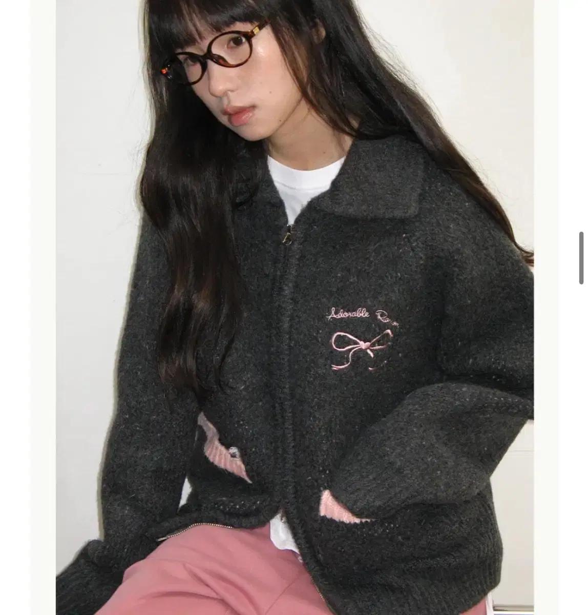 새상품) 론론 리본 코위찬 니트 집업 차콜