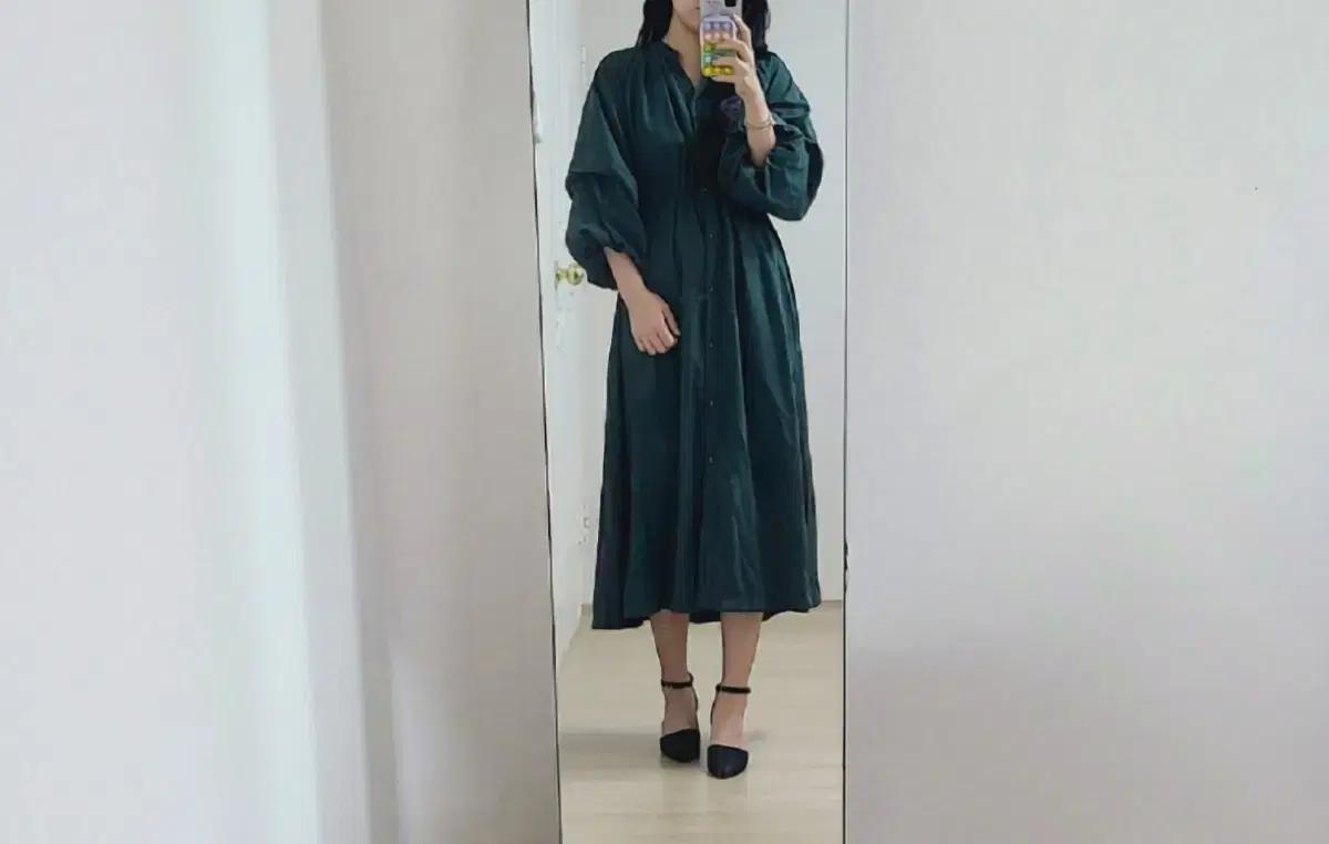 청록그린 퍼프소매 허리밴딩 롱 원피스
