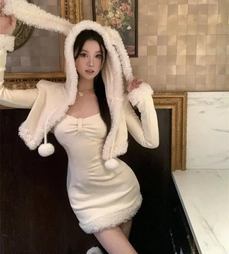 [토끼귀후드집업+원피스] 하이틴코디 아이돌코디세트 양털후드집업 퍼원피스