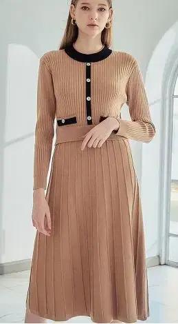 여성 브라운 플리츠 니트 롱 원피스 55